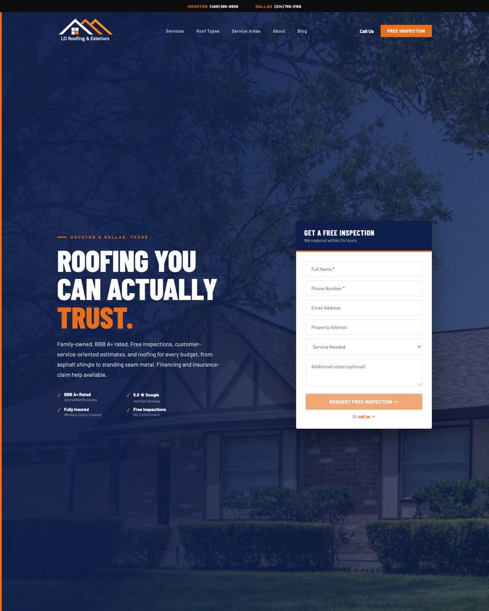The LD Roofing & Exteriors website homepage