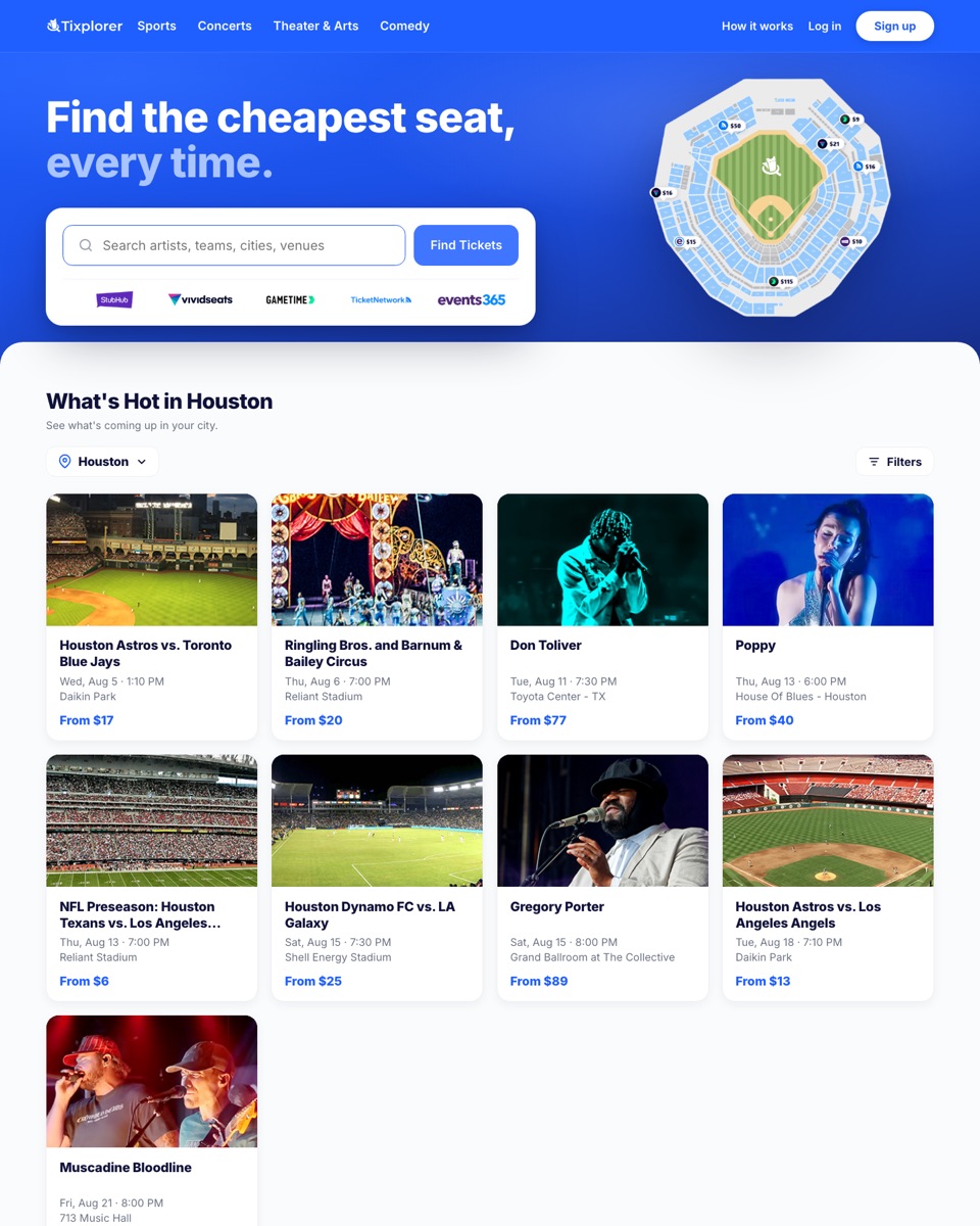 The Tixplorer ticket search homepage